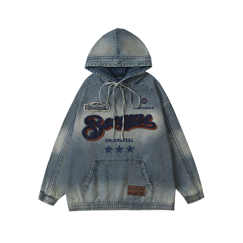 水洗牛仔連帽衛衣