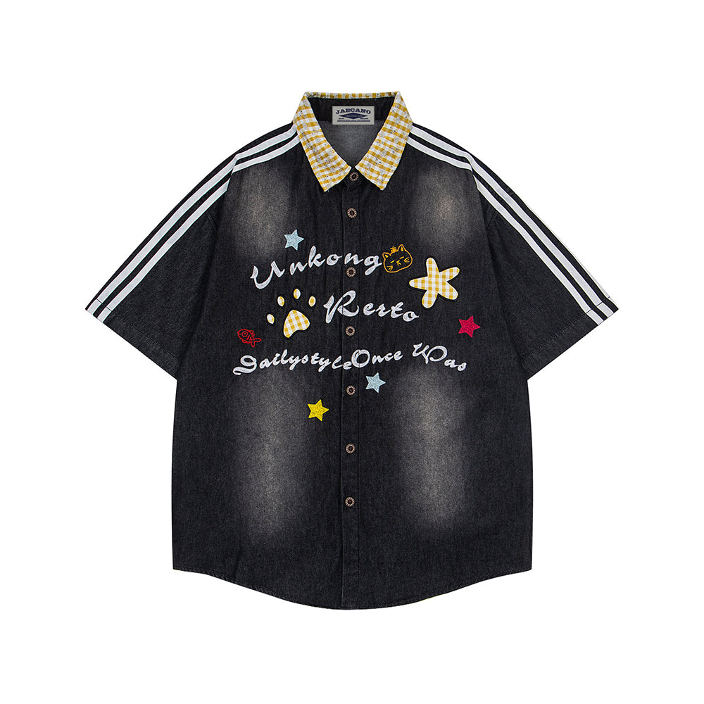 格紋做舊短袖襯衫