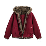 Hooded cotton-padded jacket with fur collar