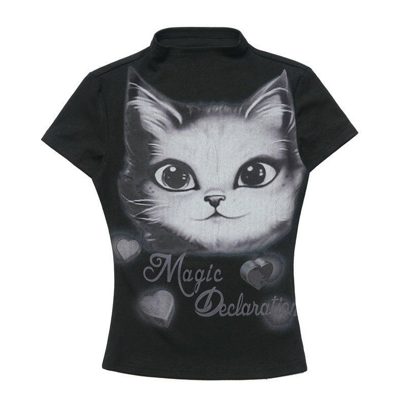 Cat print half turtleneck short sleeves (women's)