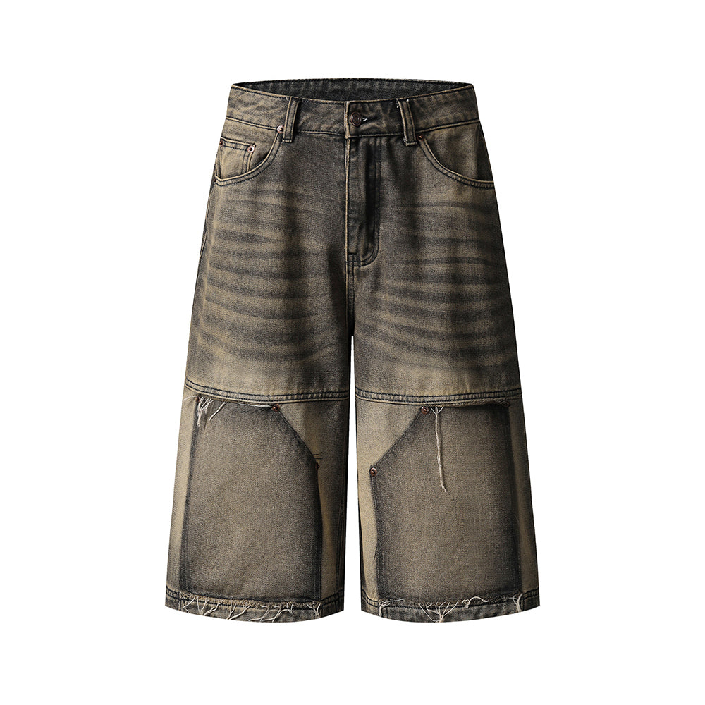 Washed panel denim shorts