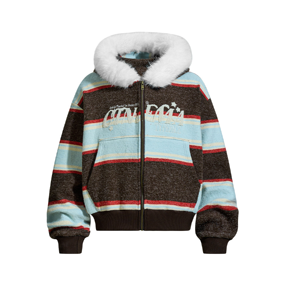 Fur-trimmed hooded color-blocked coat