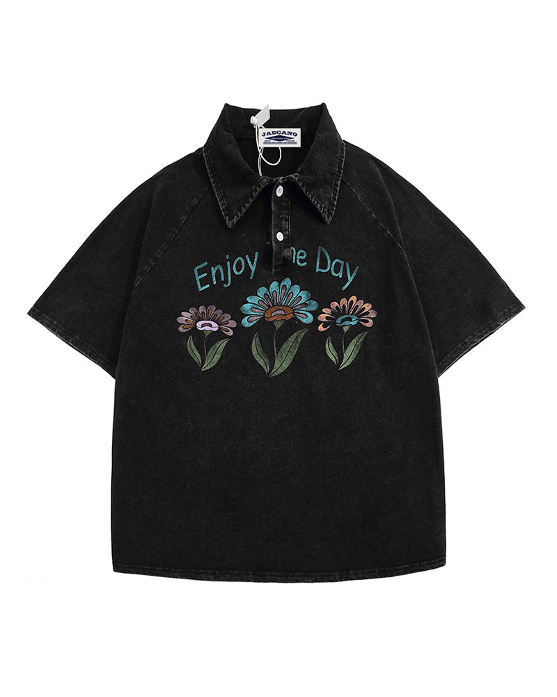 美式水洗做舊花朵翻領短袖