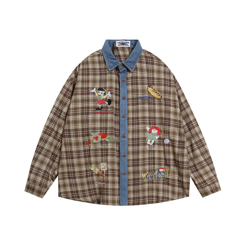 vintage plaid embroidered denim shirt