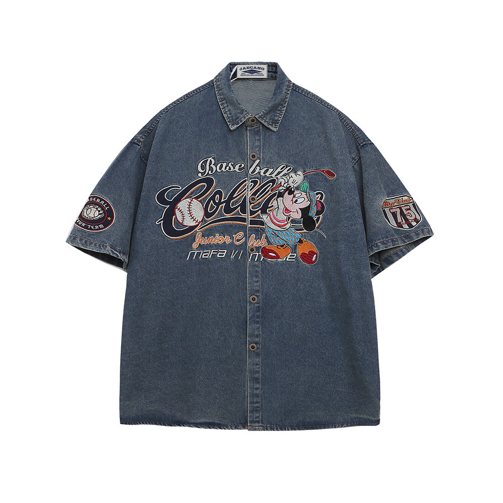 Cartoon Denim Embroidery Short Sleeve Shirt