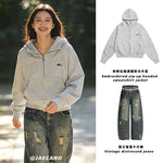 Embroidered zip-up hooded sweatshirt jacket