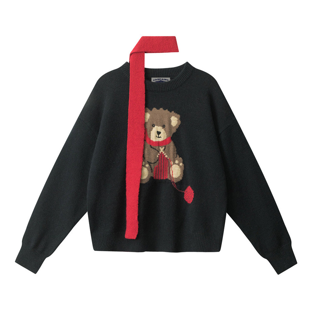 Bear-patterned loose-fitting knit sweater