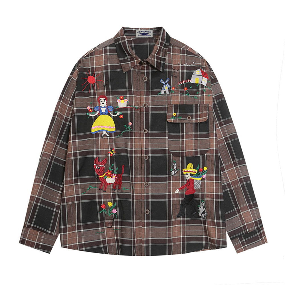 Fun cartoon embroidered plaid shirt