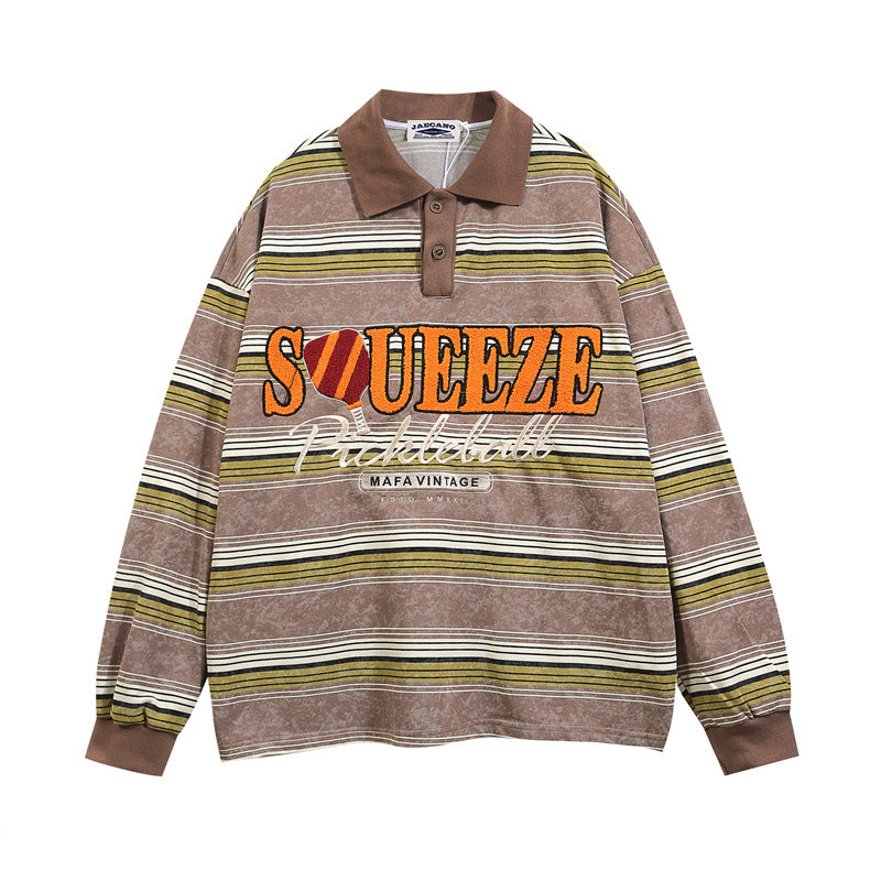 Retro letter embroidered striped long-sleeved sweatshirt