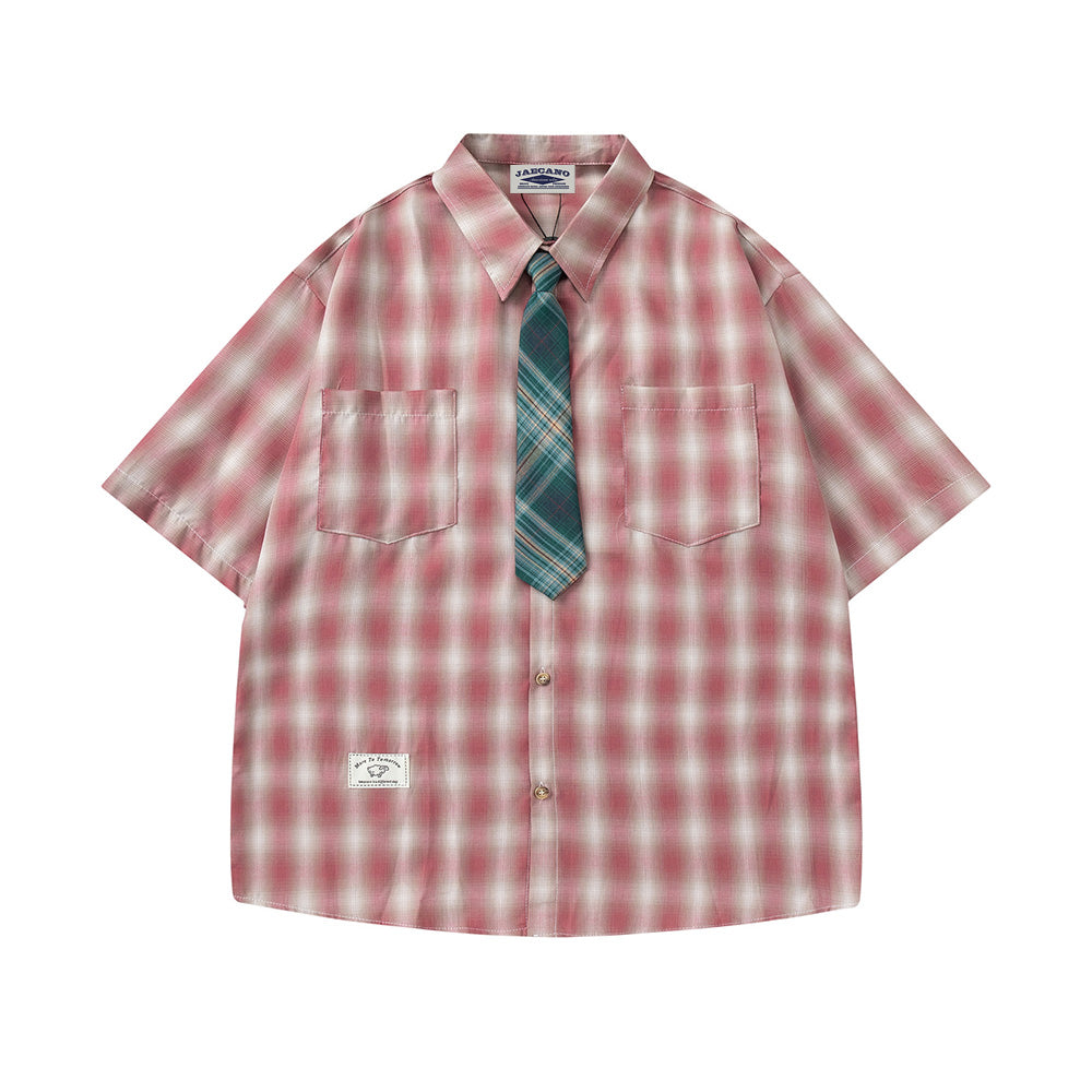 Plaid Lapel Short Sleeve Shirt