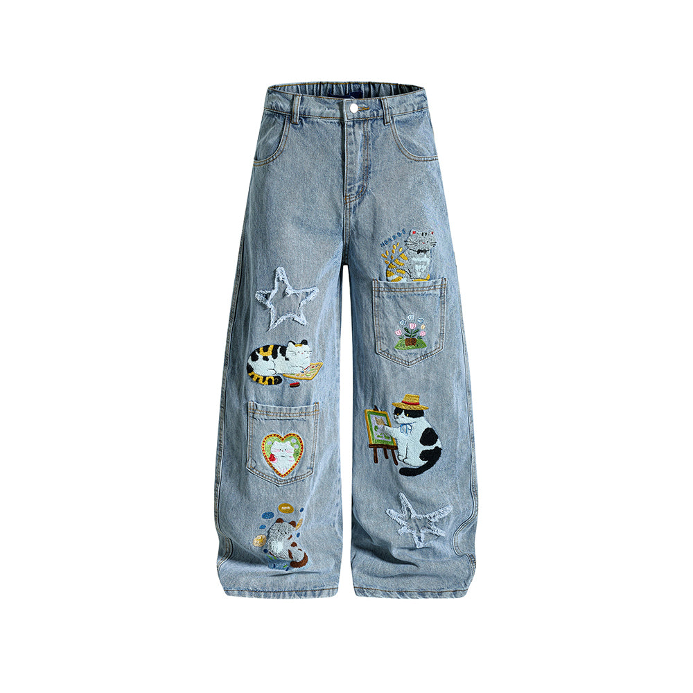 復古趣味刺綉牛仔褲