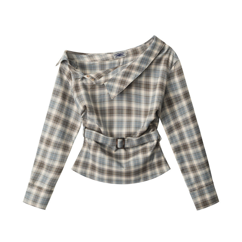 Slant collar plaid waist top (women's)
