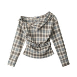 Slant collar plaid waist top (women's)