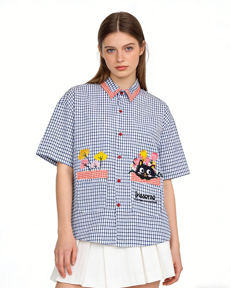 格紋貓咪短袖襯衫