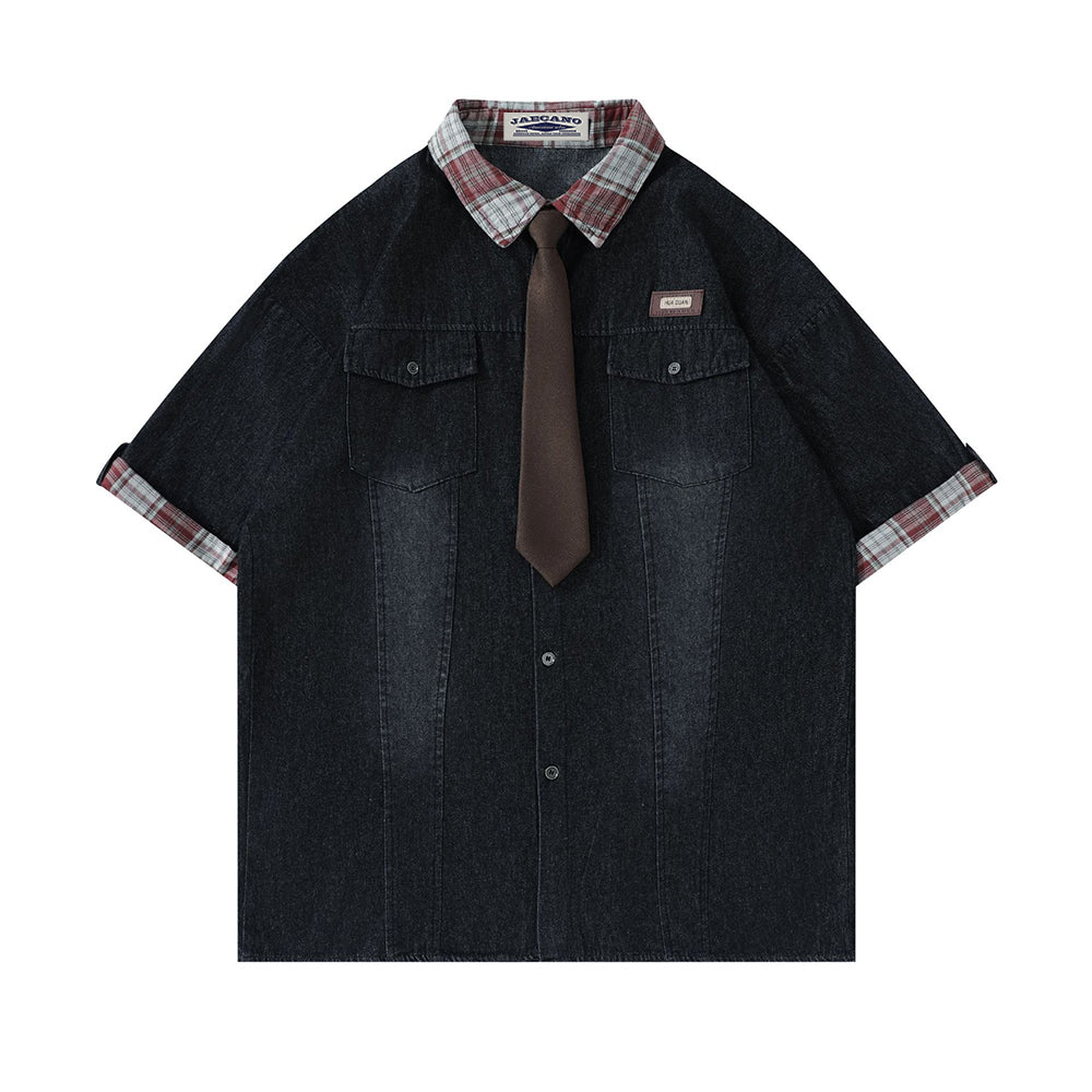 American retro gradient denim tie shirt 