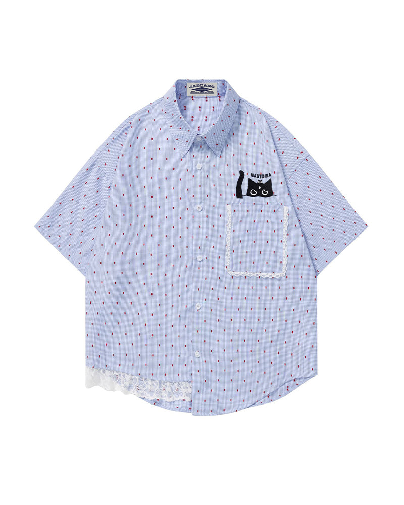 Cat Embroidered Short-Sleeve Shirt