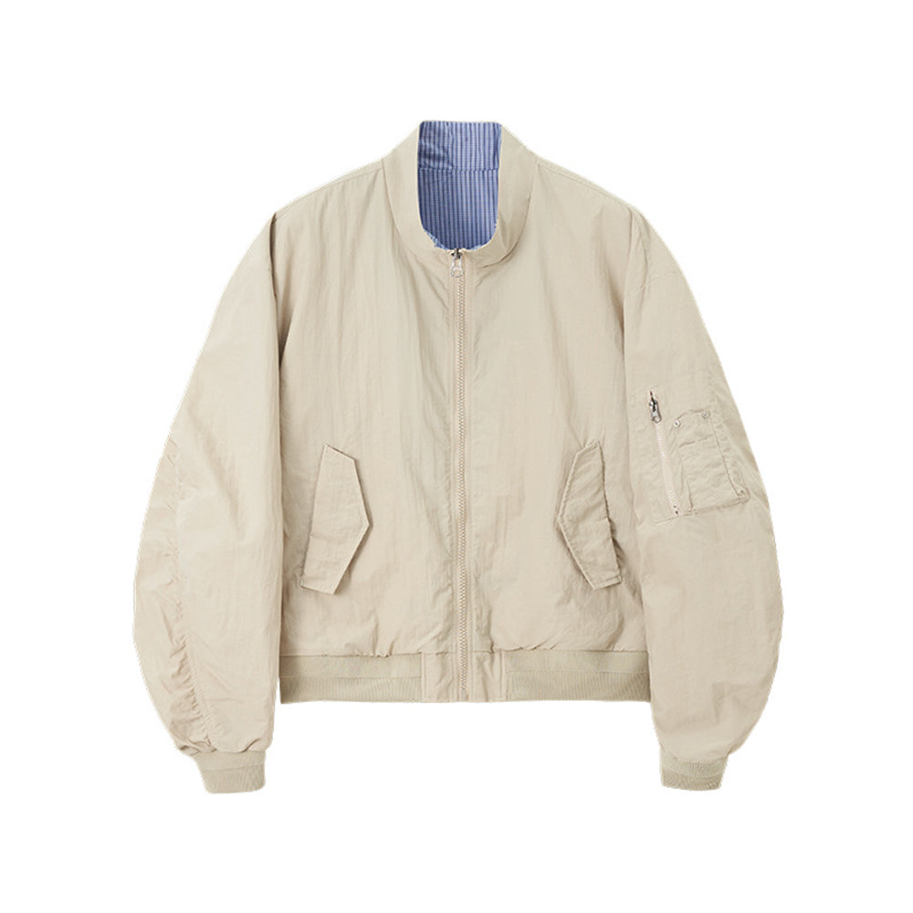 Casual stand-up collar plaid color-blocked baseball jacket