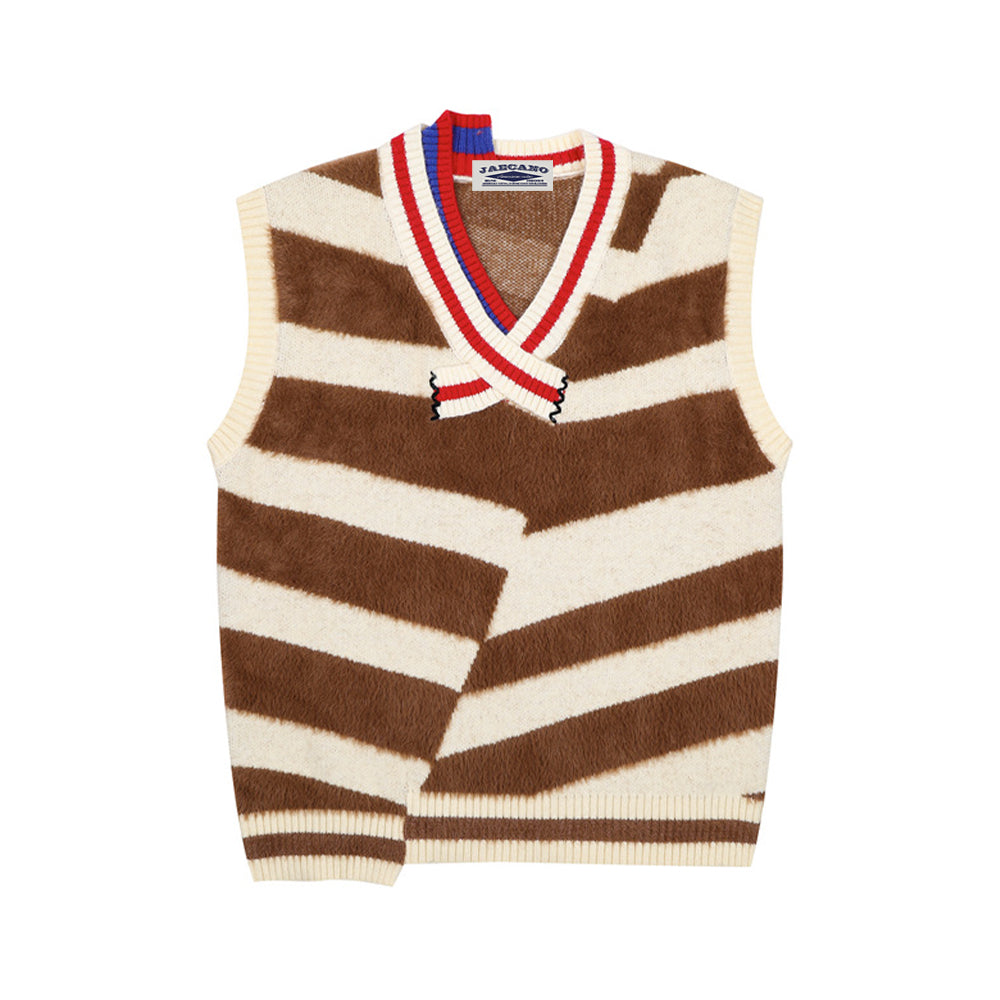 Retro contrast striped V-neck sleeveless sweater