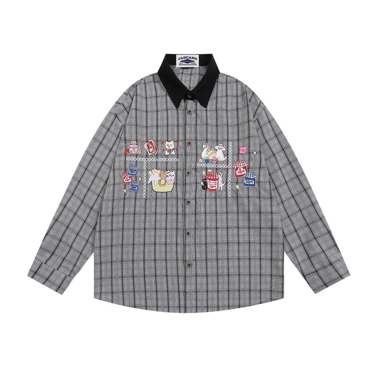 retro cartoon embroidered plaid shirt