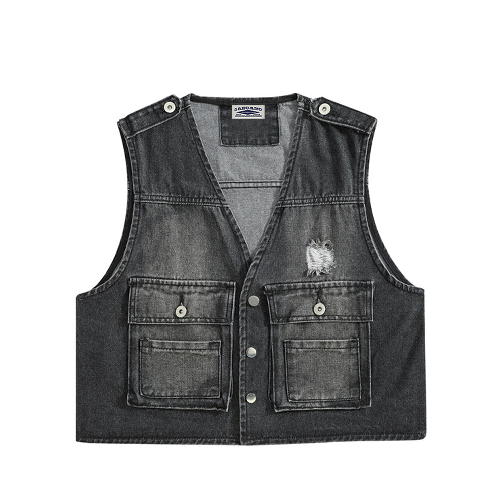 Retro distressed denim vest