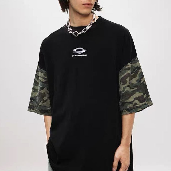 Retro contrast patchwork camouflage short sleeves