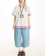 Plaid patchwork fake two-piece short sleeves