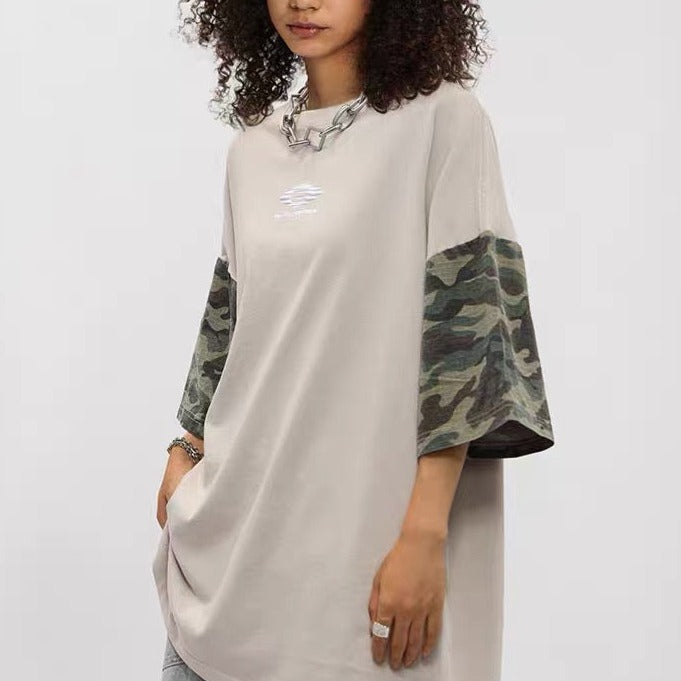 Retro contrast patchwork camouflage short sleeves