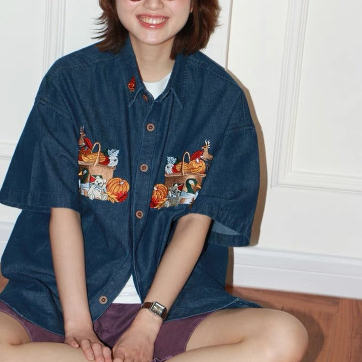 Retro cartoon embroidered denim shirt 