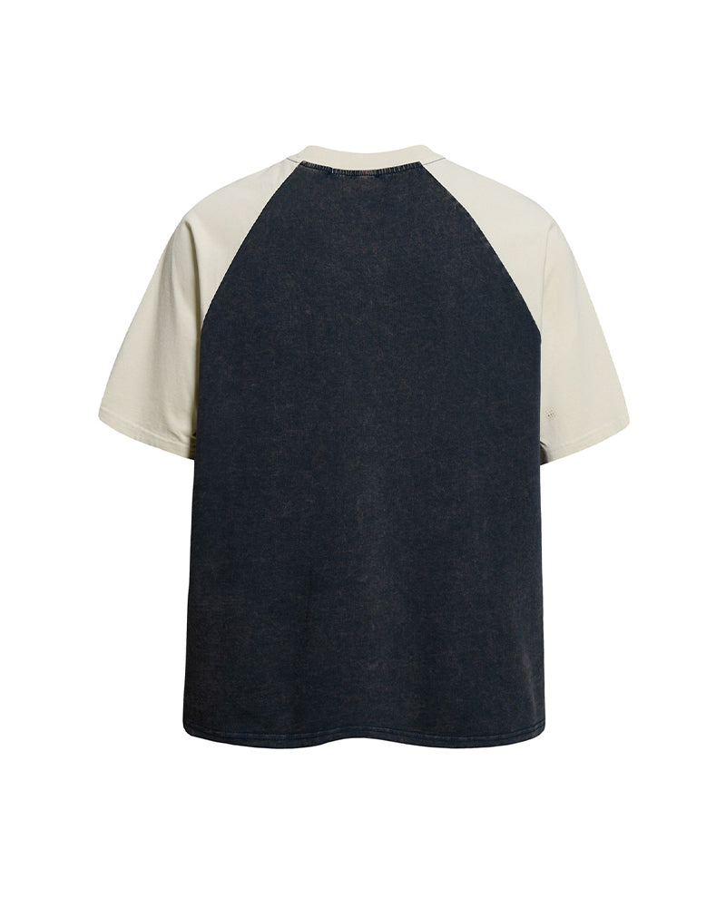 Distressed print color-blocked short-sleeved shirt