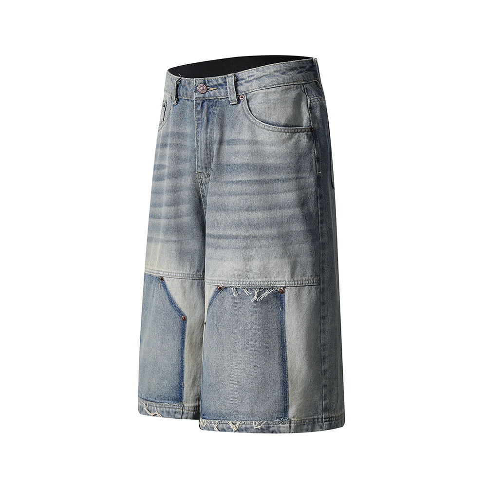 Washed panel denim shorts