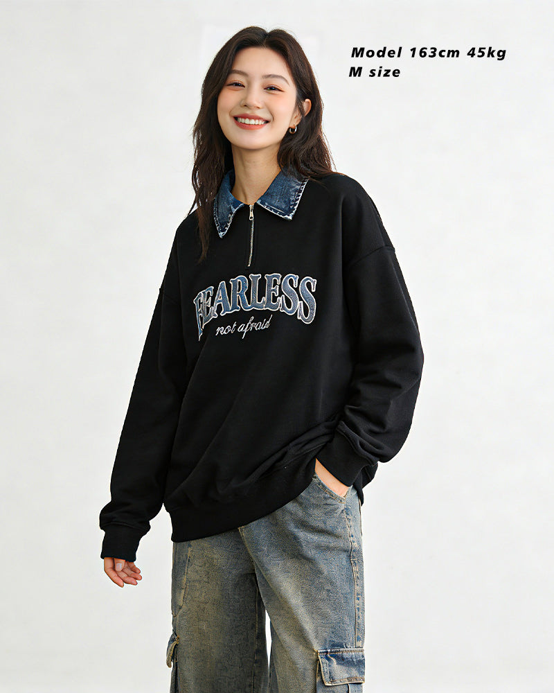 美式復古版拉鏈牛仔翻領衛衣