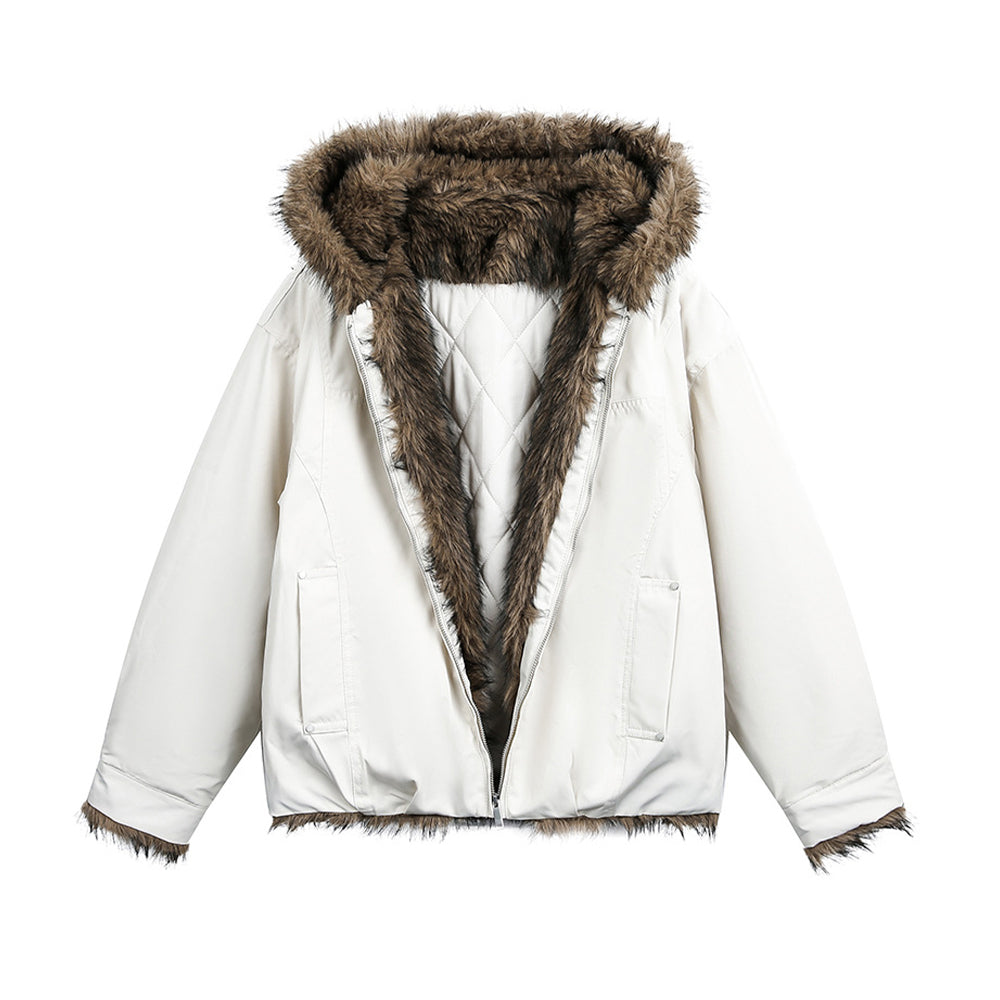 Hooded cotton-padded jacket with fur collar