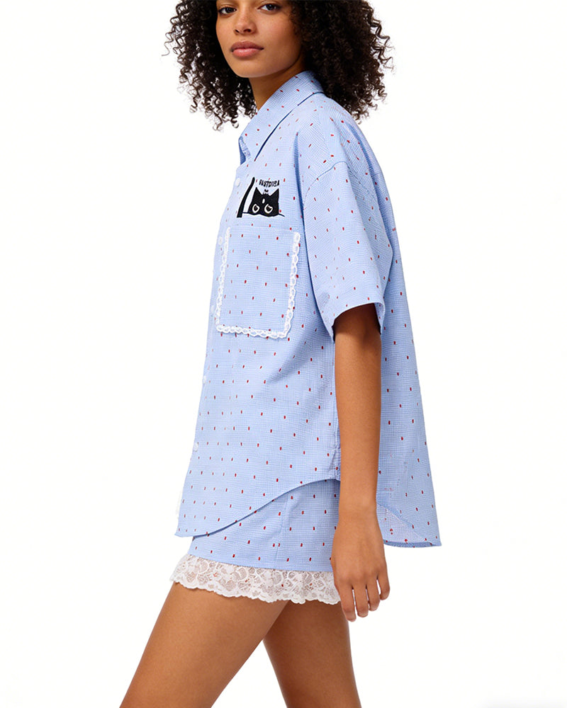 Cat Embroidered Short-Sleeve Shirt