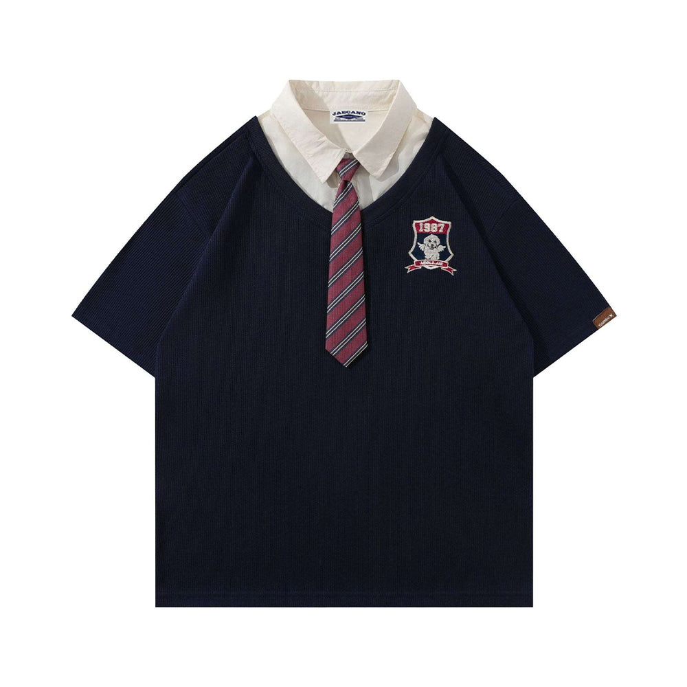 Retro stitching polo collar short sleeves