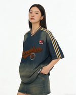 워시드 자수 데님 반팔