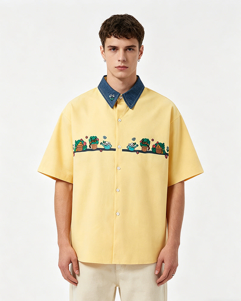 Contrast color stitching cute short sleeve shirt