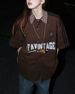 Embroidered contrast plaid short-sleeved shirt