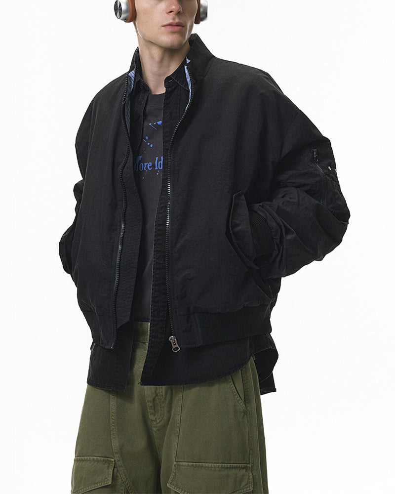 Casual stand-up collar plaid color-blocked baseball jacket