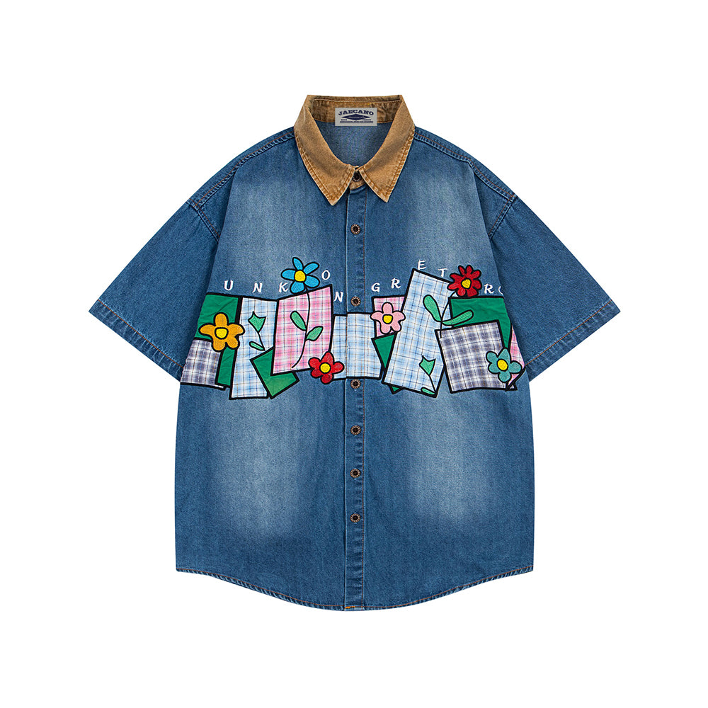 花卉貼布短袖襯衫