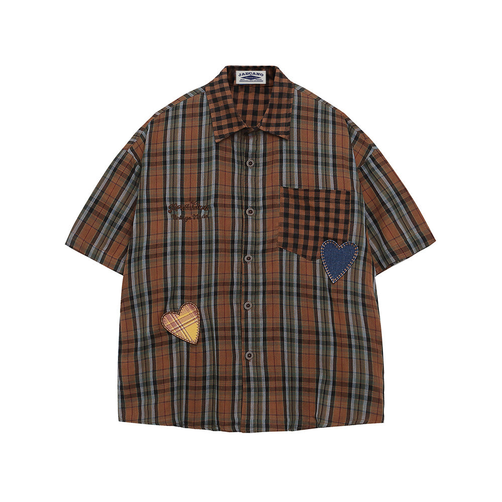 Heart Embroidered Plaid Short Sleeve Shirt