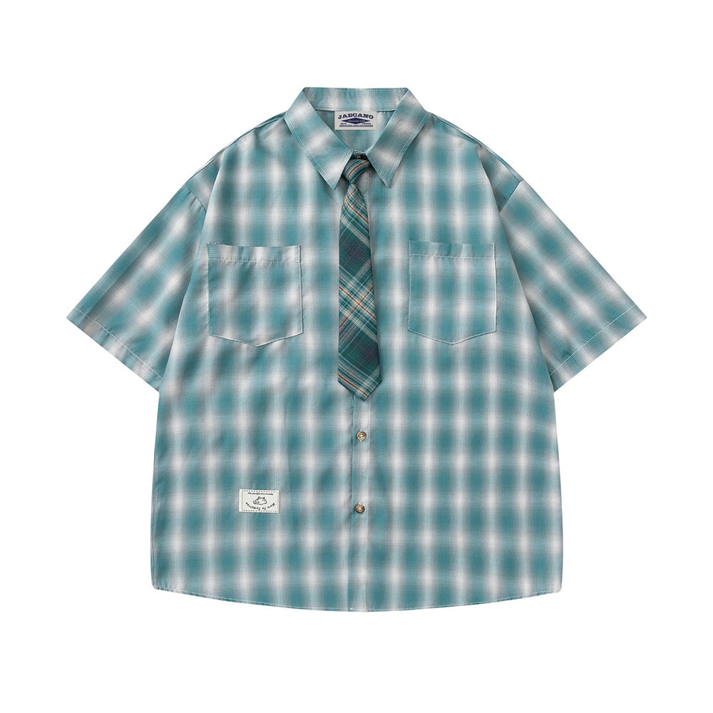 Plaid Lapel Short Sleeve Shirt