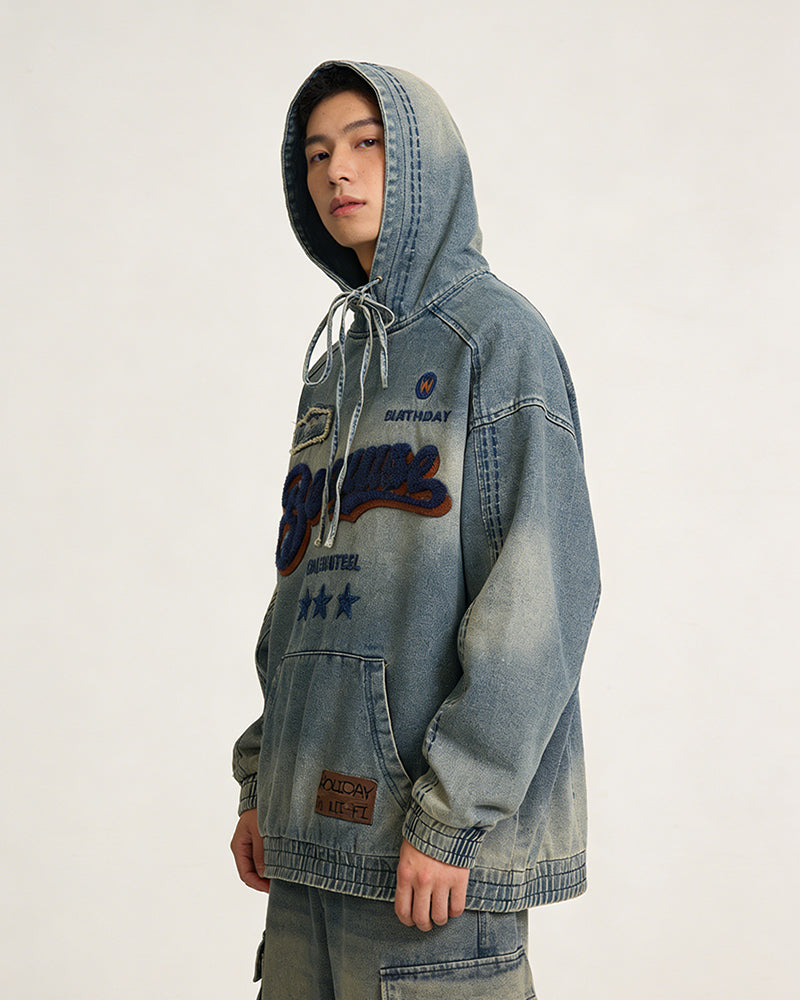 水洗牛仔連帽衛衣