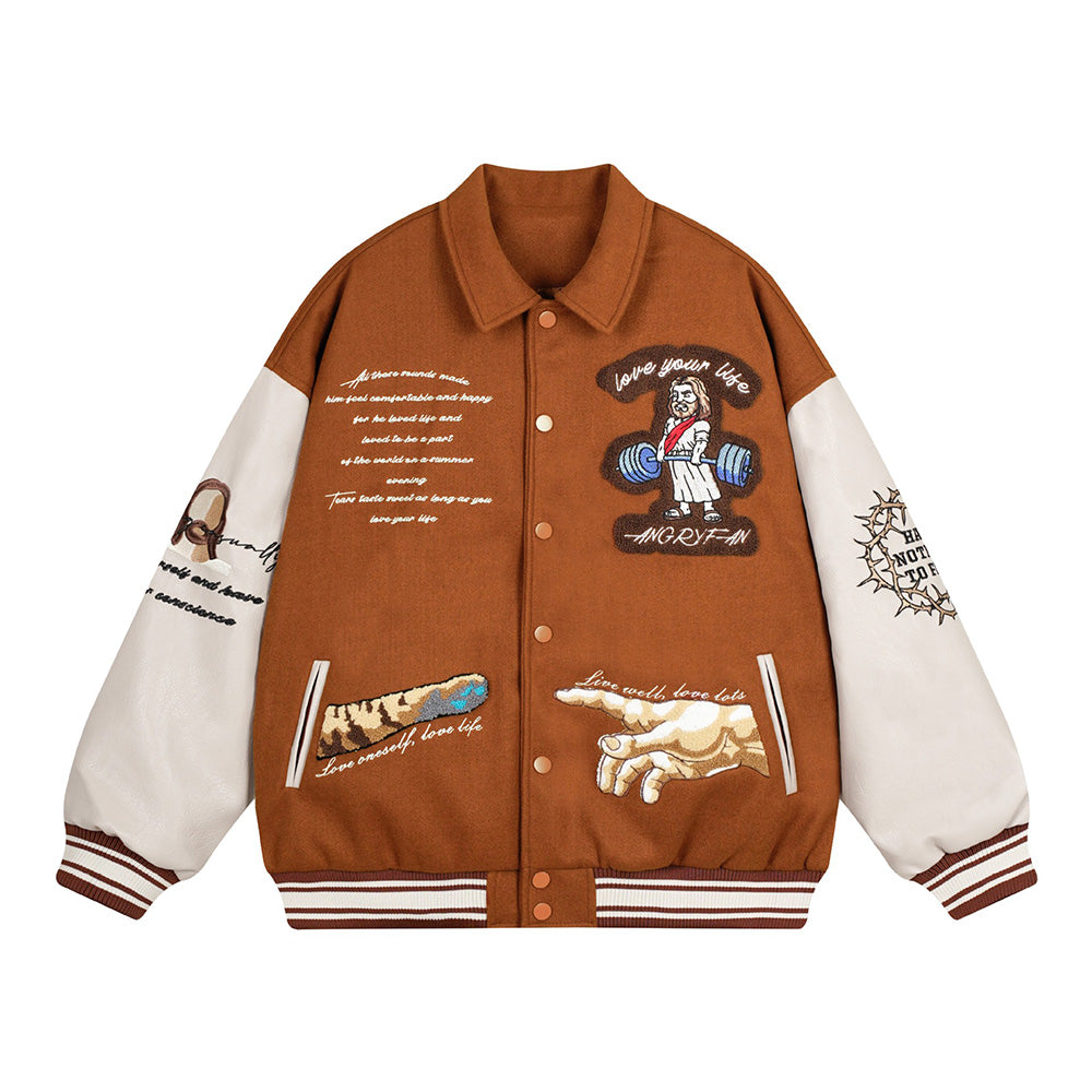 Embroidered patchwork baseball jacket