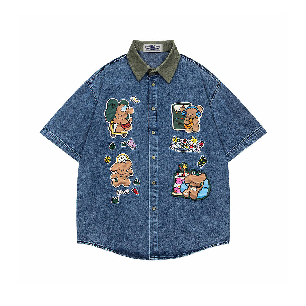 Patchwork Puppy Denim Short Sleeve Shirt