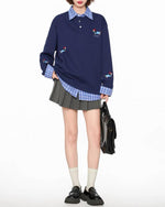 Spliced ​​plaid fake two-piece polo sweatshirt