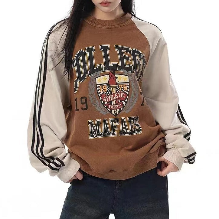 Retro letter print color block sweatshirt