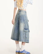 Washed distressed denim cropped shorts