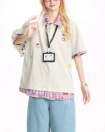 Plaid patchwork fake two-piece short sleeves