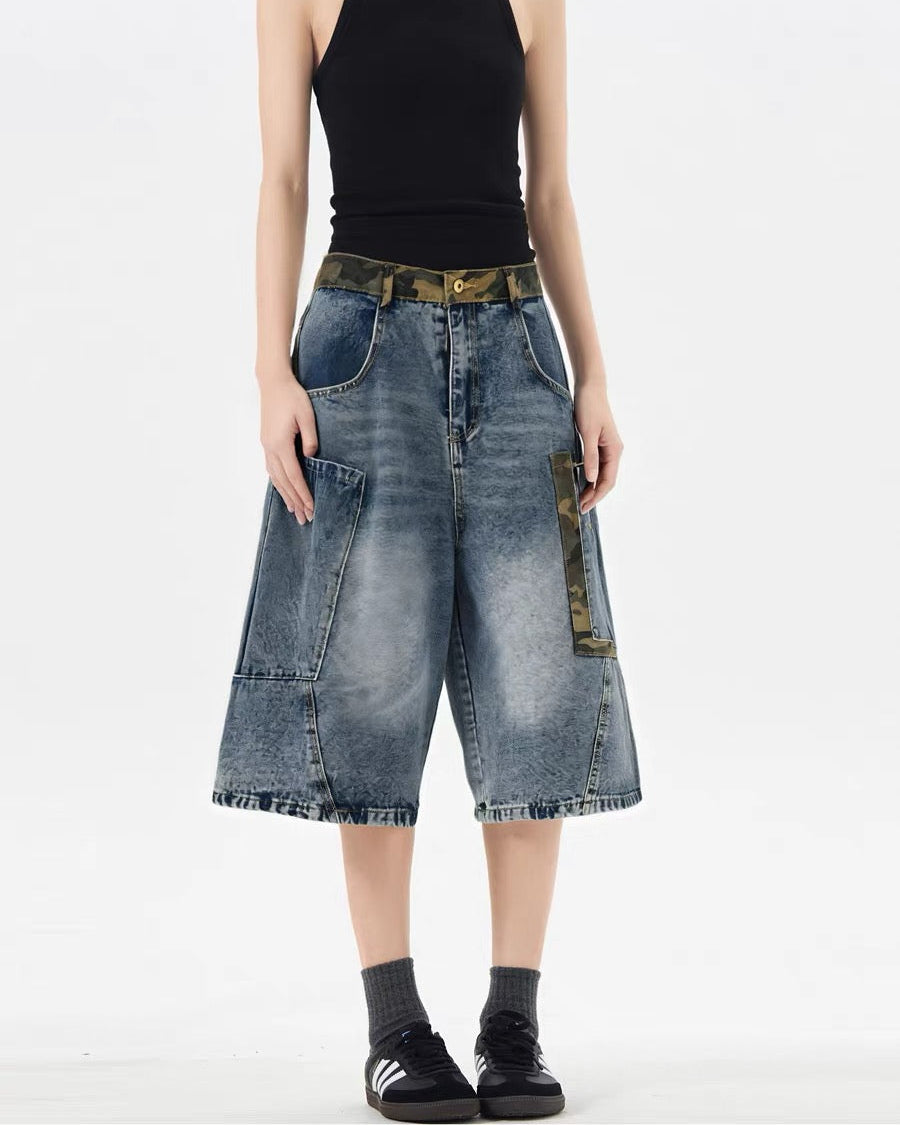 Washed denim shorts