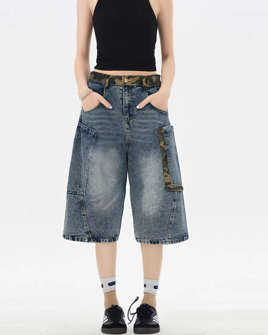 Washed denim shorts